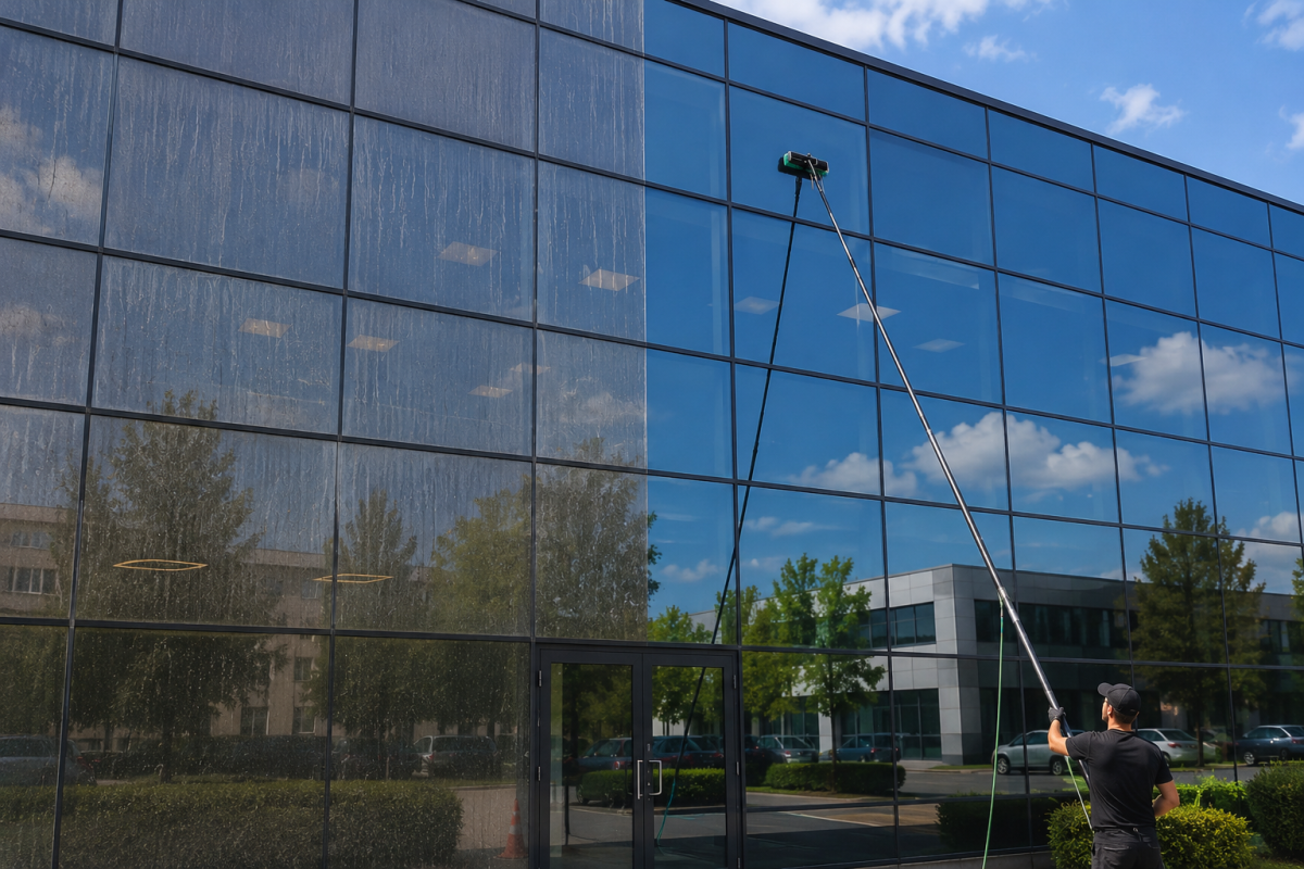 Spălarea geamurilor exterioare ale unei clădiri cu sistem telescopic acționat de la sol
