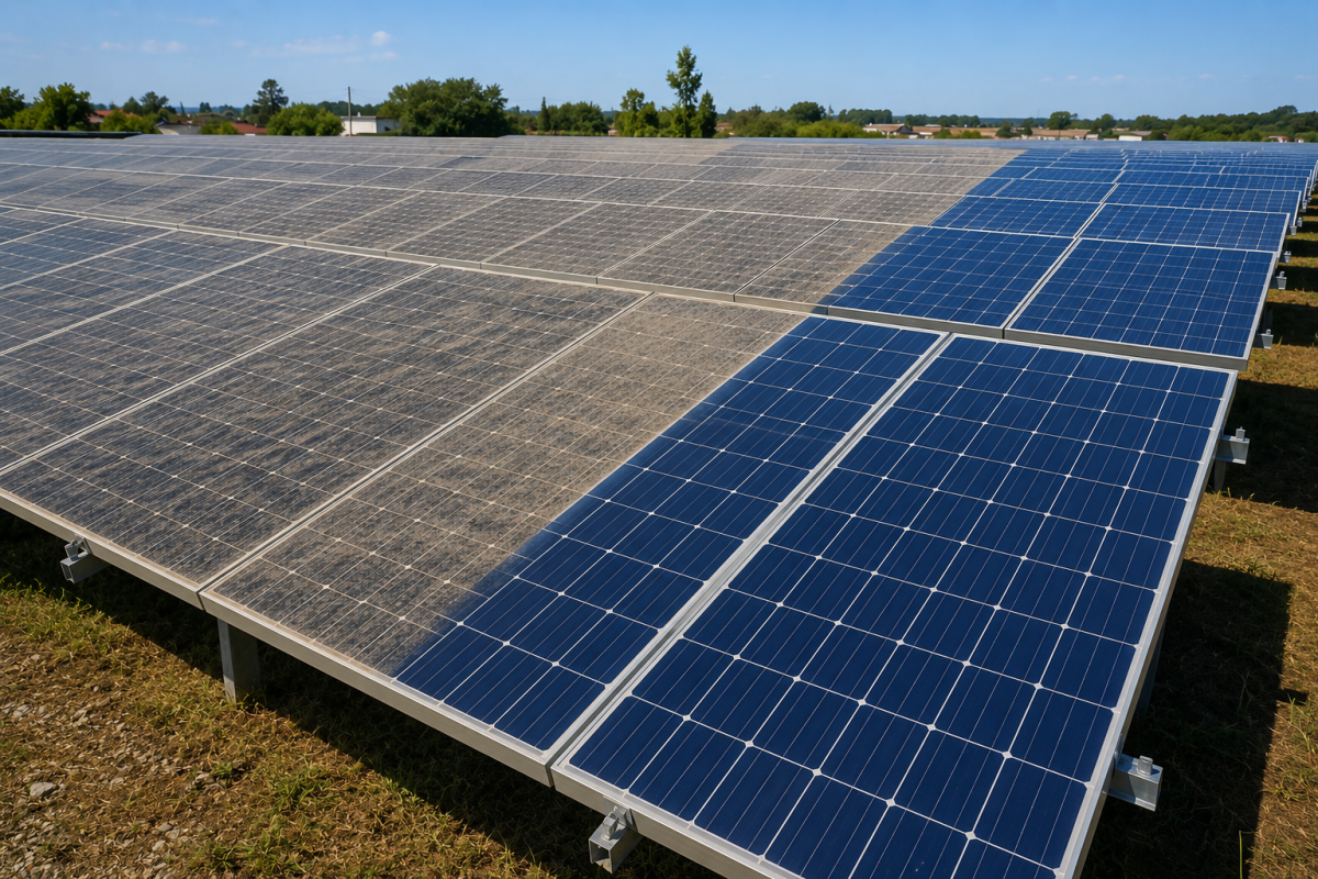 Panouri fotovoltaice montate pe acoperișul unei case, curățate cu perie telescopică și apă demineralizată