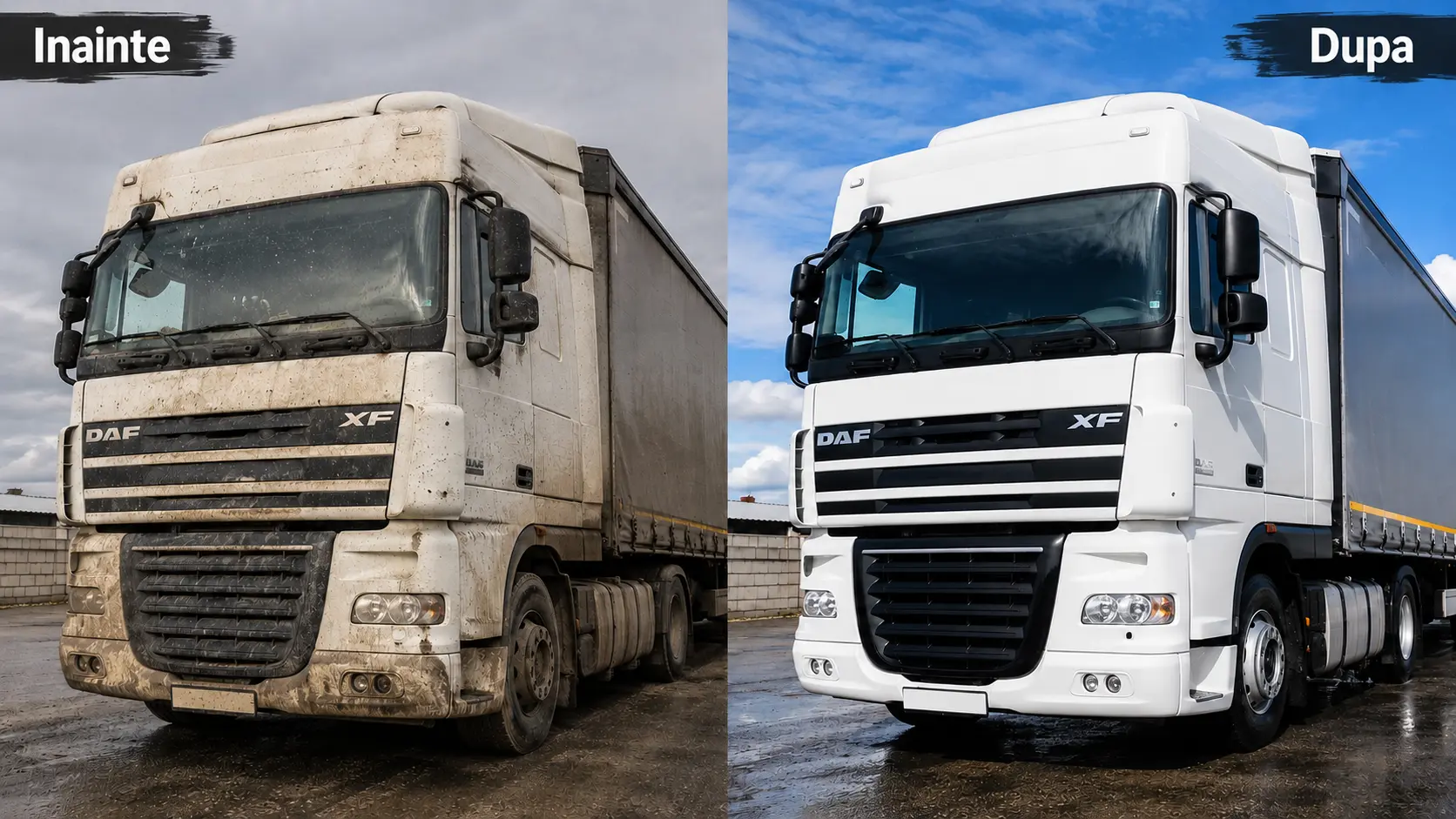 Comparație înainte și după spălarea unui TIR de către echipa Atomic Clean