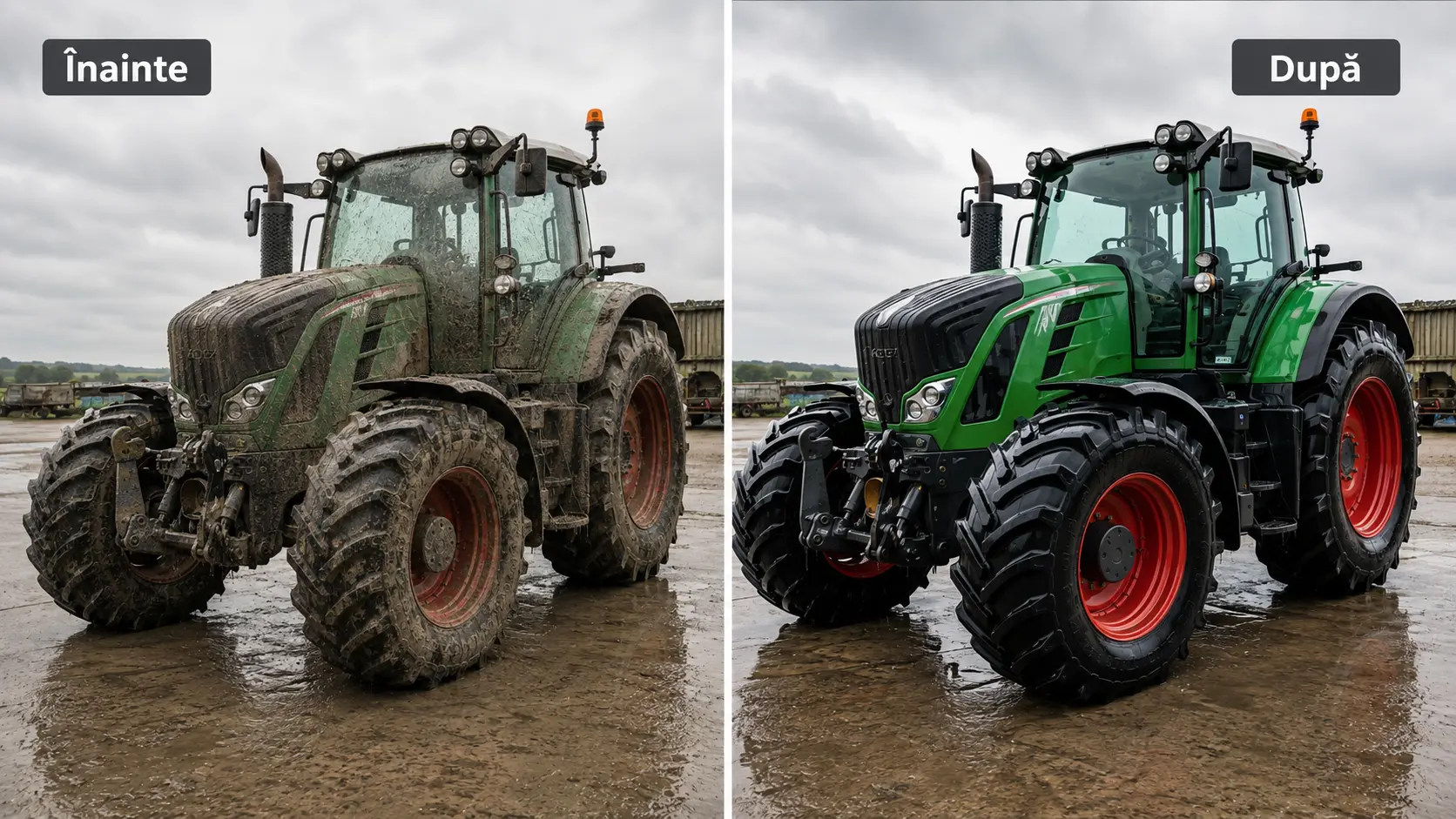Comparație înainte și după curățarea unui tractor de către echipa Atomic Clean